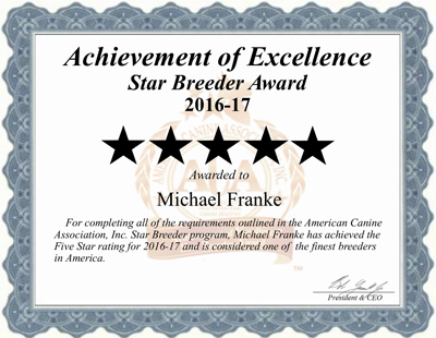 Micheal, franke, dog, breeder, michael-franke, dog-breeder, certificate, kennel, reviews, customer, star, star-breeder, 5, five, USDA, missouri, mo, N